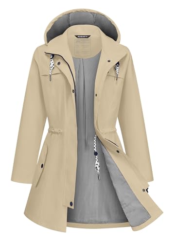 ATLASLAVA Rain Jacket Women Waterproof Long Lightweight Raincoat Hooded Windbreaker Outdoor Trench Coat KHAKI S