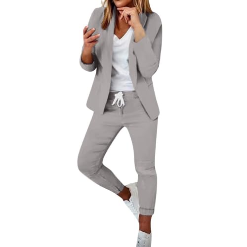 JIAALU Hosenanzüge Für Damen Anzug Elegant 2 Teilig Hosenanzug Langarm Business Anzug Set Damen Einfarbig Blazern + Elastischer Bund Hose Freizeitanzug Sportlich Slimfit Streetwear Frauen
