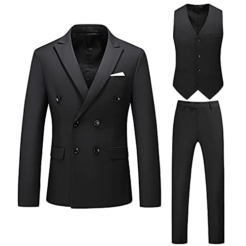 Mens Double Breasted 3 Piece Suits Wedding Party Dress Suit Groom Tuxedos Formal Blazer Jacket & Trousers & Waistcoat (Black,4X-Large)