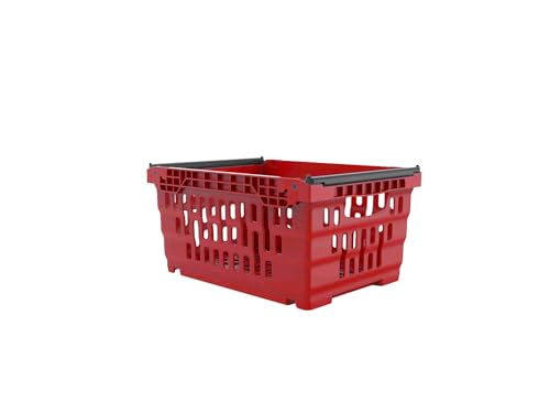 AUTORCE Stacking Nesting Crate Ventilated With Bale Arm Plastic Box, Durable Foldable Stackable Crate Supermarket Storage Box (20 Litre - 300x400x200mm - Red)