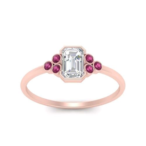 Image of Choose Your Gemstone Bezel Set Petite Diamond CZ Ring Rose Gold Plated Emerald Shape Petite Engagement Rings Everyday Jewelry Wedding Jewelry Handmade Gifts for Wife US Size 4 to 12