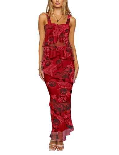 Robe longue moulante rouge Sebowel à volants pour vos soirées d'été élégantes en taille XS