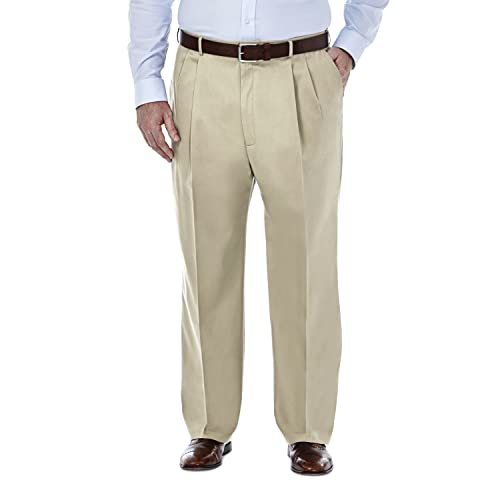 Haggar mens Premium No-iron Classic-fit Expandable-waist Pleat-front Pants, Khaki, 46W x 34L US by Haggar - Used condition - US$19.98