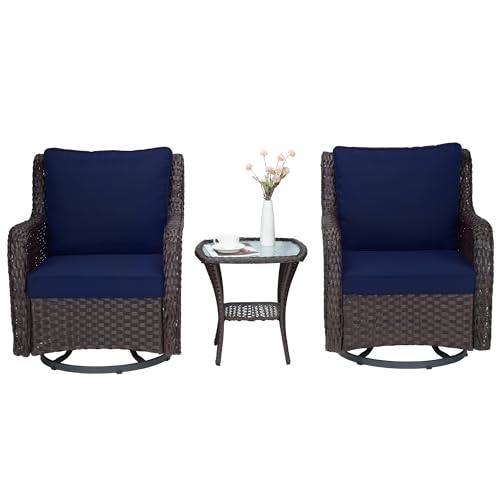 Towallmark Outdoor Swivel Wicker Glider Patio Chairs with Table Set, 3 Pieces Outdoor Bistro Set with 4&rdquo;Thick Cushions and Coffee Table for Porch, Balcony, Deck (Blue)