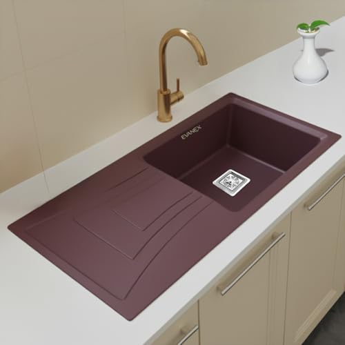 Image of EVANEX Quartz Sink for Kitchen|36x18x9 inch Kitchen Sink with Drain Board|Granite Sink for Kitchen Basin /Brown Quartz Kitchen Sink with Connector, Waste Pipe, Coupling and Drain Basket