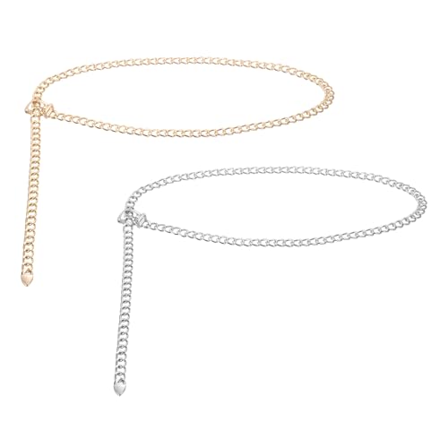 MECCANIXITY Women Waist Chain Belts, 52.4 Inch Length Adjustable Women's Western Belt for Women with Black Drawstring Bag, (Pack of 2, Gold, Silver)