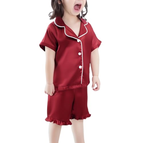 Kids Short Sleeve Satin 𝐏a𝐣ama Set for Toddler Girls Button Down Shirts Ruffled Hem Shorts 𝗦ilk 𝐏ajamas Sl𝐞epwear