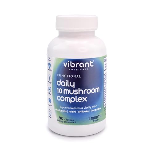 Daily 10 Mushroom Complex – Lions Mane, Reishi & Cordyceps – Immune Booster - Nootropic Brain Supplement - Natural Energy & Stress Relief – Gluten Free & Non-GMO - 90 Veggie Capsules