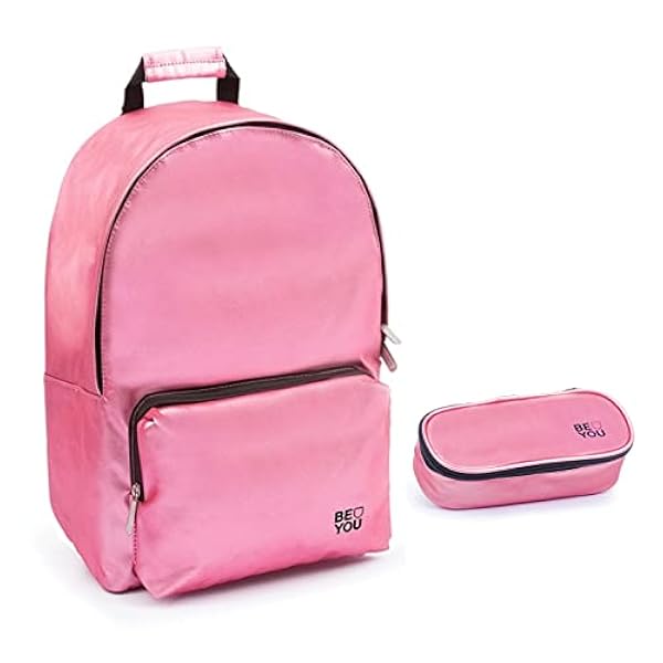 Be You 22 - Mochila escolar con purpurina dorada y purpurina con estuche ovalado y cremallera 7 bolígrafos borrables bolígrafo luminoso LED y llavero de lentejuelas