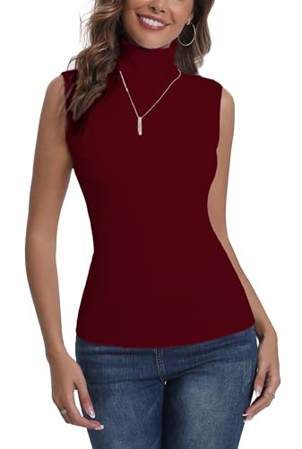 Enjoyoself Women's Turtleneck Top RIPP Sleeveless Turtleneck Shirt Elegant Turtleneck Stretch Lightweight Base Jersey Vest, wine red, M