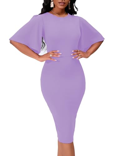 Image of Bdwinz Women's Basic Bodycon Ruffle Flared Short Sleeve Pencil Midi Dress