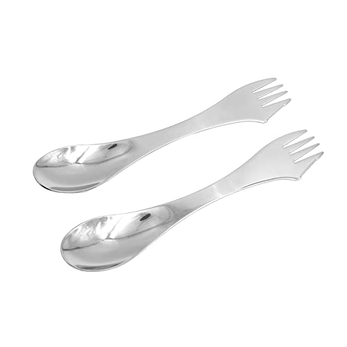 Hsthe Sea Paquete de 2 Cubiertos para Acampar de Acero Inoxidable 3 en 1, Cuchara para Exteriores, Cuchillo, Cuchara, Tenedor, combinación de Cubiertos ultraligeros para Acampar al Aire Libre, Plata
