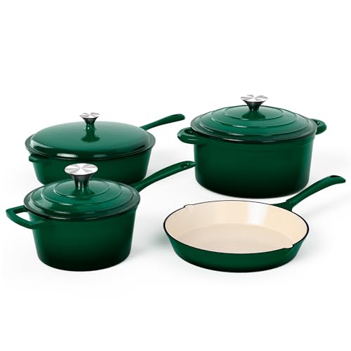 MAISON ARTS Emaille-Gusseisen-Kochgeschirr-Set, 7-teilig, Dutch Oven Topf mit Deckel, Smaragd antihaftbeschichtete Töpfe und Pfannen Set, ofenfest bis 260 °C