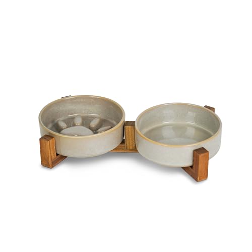 Juego de cuencos de cerámica para perros con soporte, cuenco de alimentación lenta y cuenco de agua para razas pequeñas, platos de cerámica para gatos, antideslizantes, regalos de cumpleaños, gris