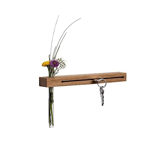 WOODS Nyckelbräda med blomvas I handgjord i Bayern I Nut – nyckelhållare I väggdekoration av trä I nyckelhylla ek I nyckellåda trä med provrör (ek, 40 cm)