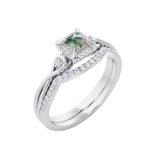 Natural Moss Agate Wedding Ring Set for Women 925 Sterling Silver 10K 14K 18K Gold Bridal Ring Set with 1CT Princess Cut Moss Agate Halo Engagement Ring Set for Women4