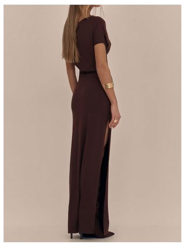 GORGLITTER Women's Asymmetrical Neck Ruched Bodycon Maxi Dress One Shoulder Short Sleeve Dinner Cocktail Long Dresses3