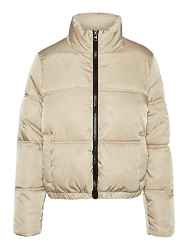 Noisy May Damen Kurze Puffer Übergangsjacke | Warme Stepp Jacke ohne Kapuze | Wattierter Blouson NMANNI, Farben:Beige, Größe:M