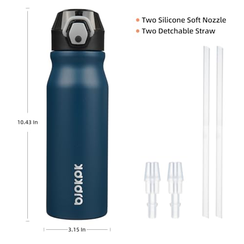 Image of BJPKPK 25 oz Insulated Water Bottle, Straw, Handle, Stainless Steel Flask | Leak Proof Locking Lid, Thermal, Double Wall Vacuum, Keeps Hot /Cold, BPA Free, Dishwasher Safe, Travel & Sports, Navy Blue