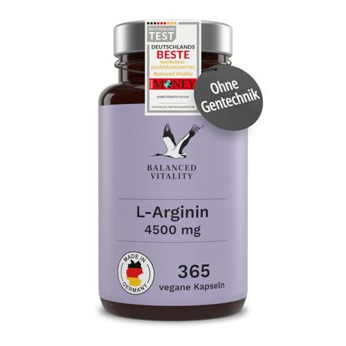 L-Arginina - 365 cápsulas vegetales - 4500 mg de L-Arginina HCL vegetal por dosis diaria - 2 meses - Sin aditivos - Testado en laboratorio - Made in Germany - Balanced Vitality