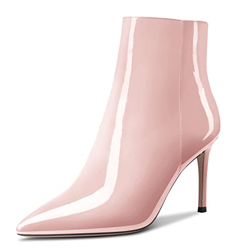 Aachcol Damen Stiefeletten Geschlossene Spitze Zehenkappe Slip-on Stiletto Hoher High Absatz Heel Lackleder Reißverschluss Beige B 8.5 CM 36 EU Cover