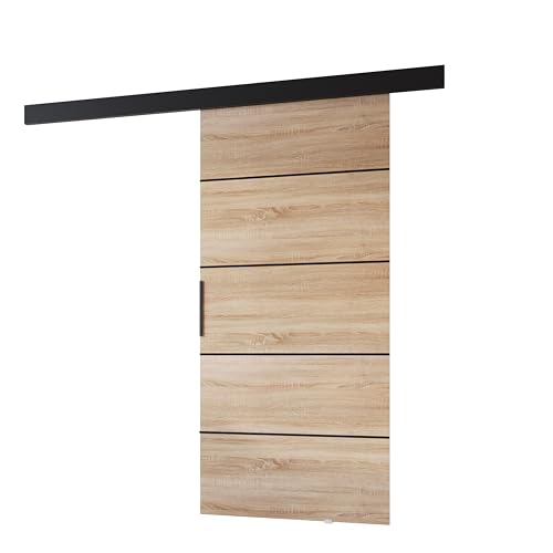 MINIO go for it - Porte Coulissante Interieur, Système Porte Coulissante PRIM 1K, Porte Interieur, Portes Coulissantes - Barre Décorative, Panneau Supérieur (Chêne Sonoma/Noir, 106 x 205 x 1,6 cm)