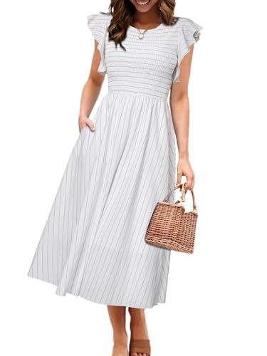 Image of Simplee Womens Striped Midi Summer Dress Linen Smocked Flutter Short Sleeve Dress Flowy Casual Dress with Pockets