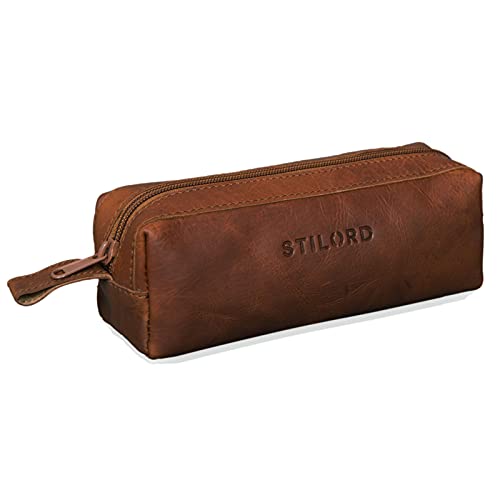 STILORD 'Linus' Trousse en Cuir Plumier Vintage Pochette pour Crayons Étui Stylos Porte-Plume Scolaire Hommes et Femmes, Couleur:Cognac Marron