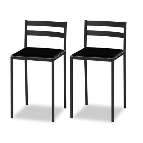 ASTIMESA 2 Taburetes de Cocina con Respaldo bajo, Franjas horizontales y Asiento tapizado - Estructura Color Negro - Asiento en Polipiel Negro