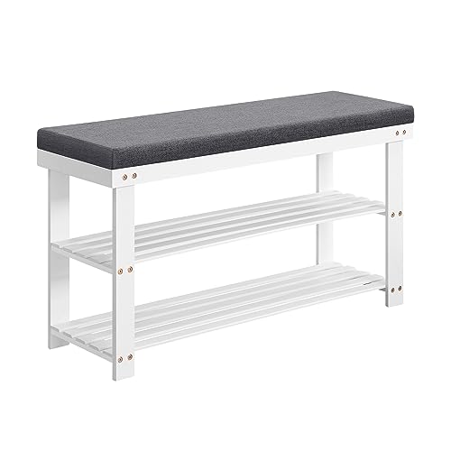 SONGMICS Banco Zapatero de Bambú, Zapatero de 2 Niveles, Organizador de Zapatos Estable para Entrada, Sala de Estar, Asiento de Banco Soporta hasta 136 kg, 29 x 90 x 49 cm, Blanco y Gris LBS904W01