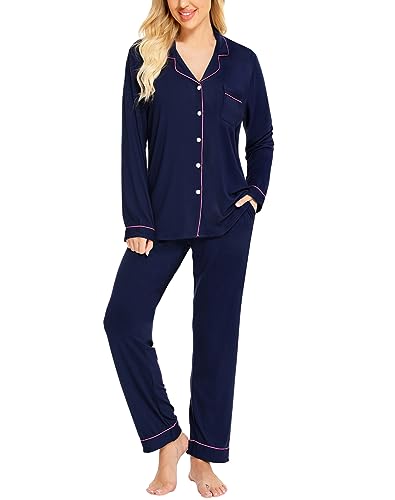 Image of SWOMOG Womens Pajamas Set Long Sleeve Sleepwear Button Down Nightwear Soft Cotton Pj Lounge Sets