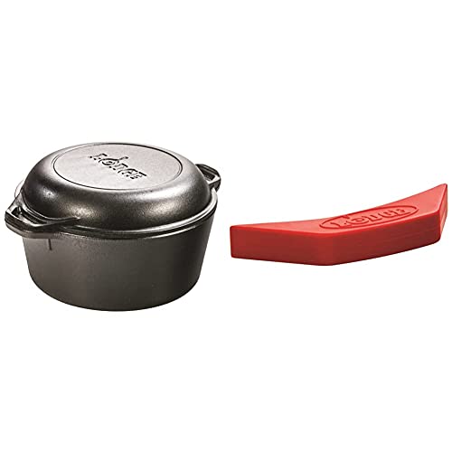 Lodge Pre-Seasoned Cast Iron Double Dutch Oven With Loop Handles, 5 qt & ASAHH41 Silicone Assist Handle Holder, Red, 5.5" x 2"