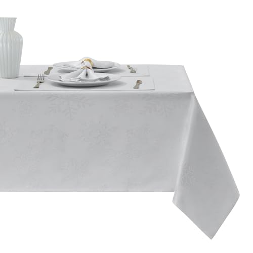 Rectangle Fancy Metallic Sparkling Snowflake Christmas Fabric Table Cloth red Hunter Gold Navy White Silver No-Iron Soil Resistant Woven Holiday Table Cover(White Silver/52x70Inch)