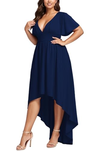 Image of Elegant Dresses Formal Evening Cocktail Long Maxi Wedding Party Dress Sexy V Neck Ruffle Sleeve Hi Low Flowy Gowns