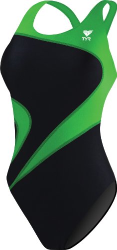 TYR Adult Alliance T-Splice Maxback Swimsuit, 36, Black/Green