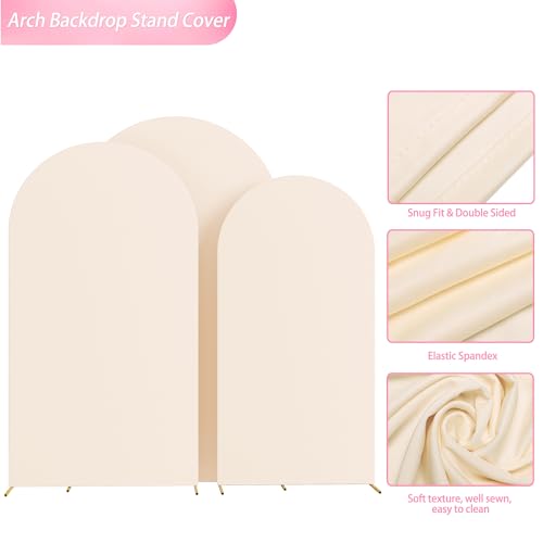 Image of Wokceer Wedding Arch Backdrop Cover (8FT, 7.2FT, 6.6FT) Set of 3 Spandex Fitted Wedding Arch Stand Covers Round Top Chiara Backdrop Stands Cover for Birthday Party Ceremony Banquet Decor Beige