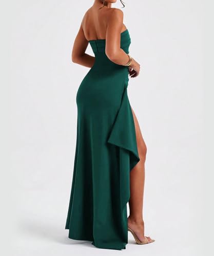Image of SKAYS Women's Strapless Maxi Dress Elegant Tube Top Formal Ruched Bodycon Wedding Guest Cocktail Summer Dress with Slit