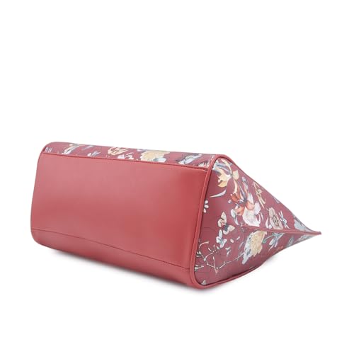 Image of Caprese Fiorella Satchel, Burgundy-Large | Stylish Floral Printed Shoulder Bag for Women with Adjustable Sling Strap | Easy Back Access Pocket & Spacious | Perfect for Office & Daily Essentials