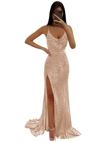 Sequin Prom Dresses for Women 2025 Sparkly Cowl Neck Evening Party Formal Gown with Slit - Main Image