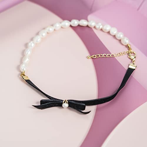 Cowlyn Bow Collar Half Baroque Cultured Pearl Choker Link Ribbon Chain Short Necklace Statement Jewelry For Women Girls #TOP4