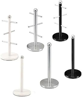 Kitchen Mug Tree for 6 Cups Paper Towel Roll Holder Stainless Steel Pole Height 35cm Rack Organiser Stand with Anti-Slip Base Modern Style, Chrome (Towel Holder Only)