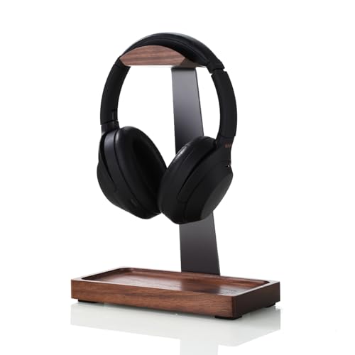 Image of Walnut Headphone Stand, Wooden Headset Stand for Desk, Wood Gaming Headphone Holder with Storage Base for Airpod max, Bose, Razer, Sennheiser, Jabra, JBL, AKG, Vintage Gift for Men, Grey