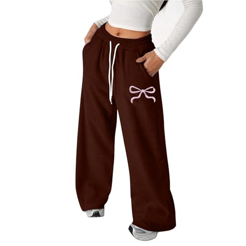 Girls Baggy Sweatpants Cute Bow Wide Straight Leg Jogger Pants Y2k Aesthetic Trousers with Pockets Preppy Clothes