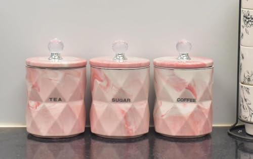 Biznest Pink Marble Design Coffee, Tea, and Sugar Canisters - Kitchen Jar Pots with Crystal Finish