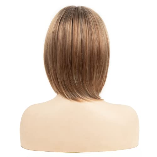 Renershow Blonde Highlight Short Pixie Bob Wig With Bangs Straight Ombre Blonde Synthetic Wig With Dark Roots Layered Blonde Wigs For Women #TOP3