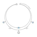 Ladytree Starfish and Shell Layer Anklet for Women S925 Sterling Silver Beads Charm Foot Chain Created Moonstone Boho Beach Double Layer Anklets Bracelet Adjustable 9 to 10.5 inches
