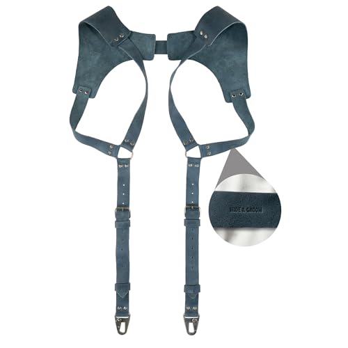 Hide & Groom, Leather Renaissance Suspenders, Vintage Men's Back Support Harness, Metal Hooks for Men, Steampunk, Handmade, Slate Blue