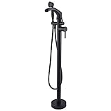 Rozin Black Bathtub Faucet with Shower Diverter Floor Mounted Bathroom Waterfall Spout Single Handle Tub Filler Faucet with Handheld Sprayer