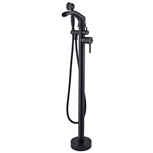 Rozin Black Bathtub Faucet with Shower Diverter Floor Mounted Bathroom Waterfall Spout Single Handle Tub Filler Faucet with Handheld Sprayer