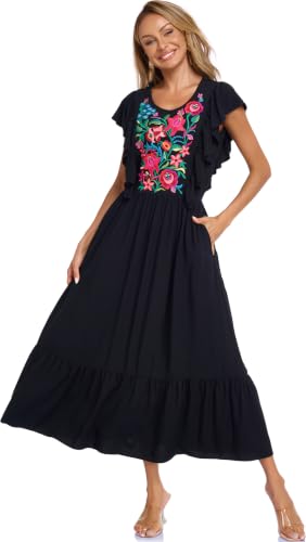 Image of Women's Summer Maxi Dress Casual Floral Embroidered Round Neck Short Sleeve Ruffle Tiered Dress Flowy Boho Beach Sundress